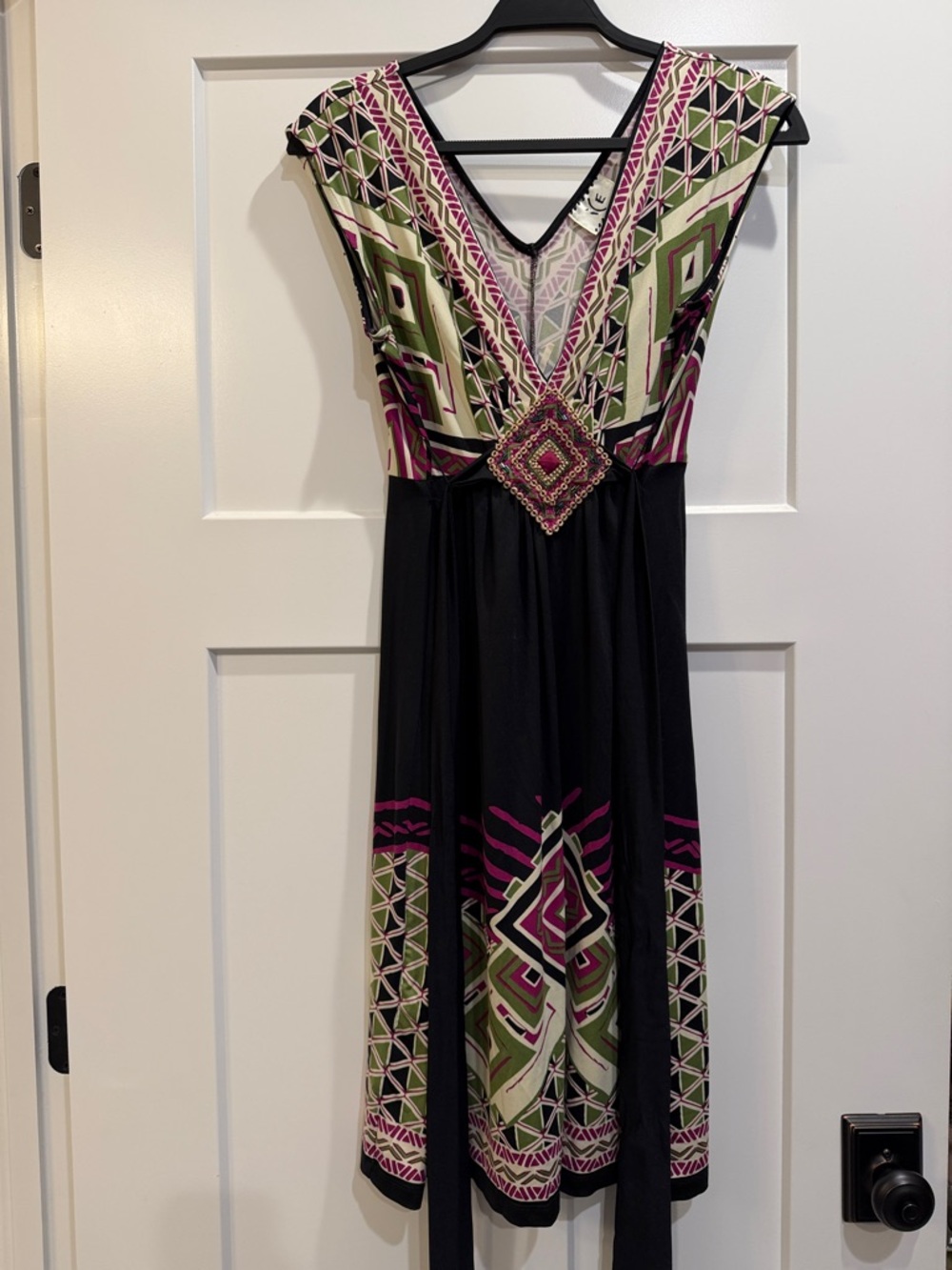 Ice Black Midi Dress with Pink and Olive Geometric Accents